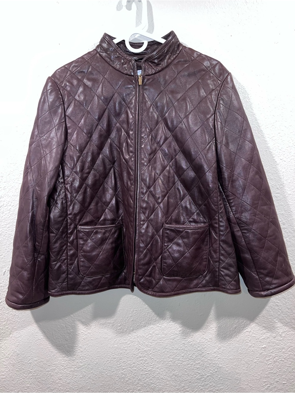 Charter Club Petite Large Genuine Leather Quilted Zip Jacket Brown LP.
